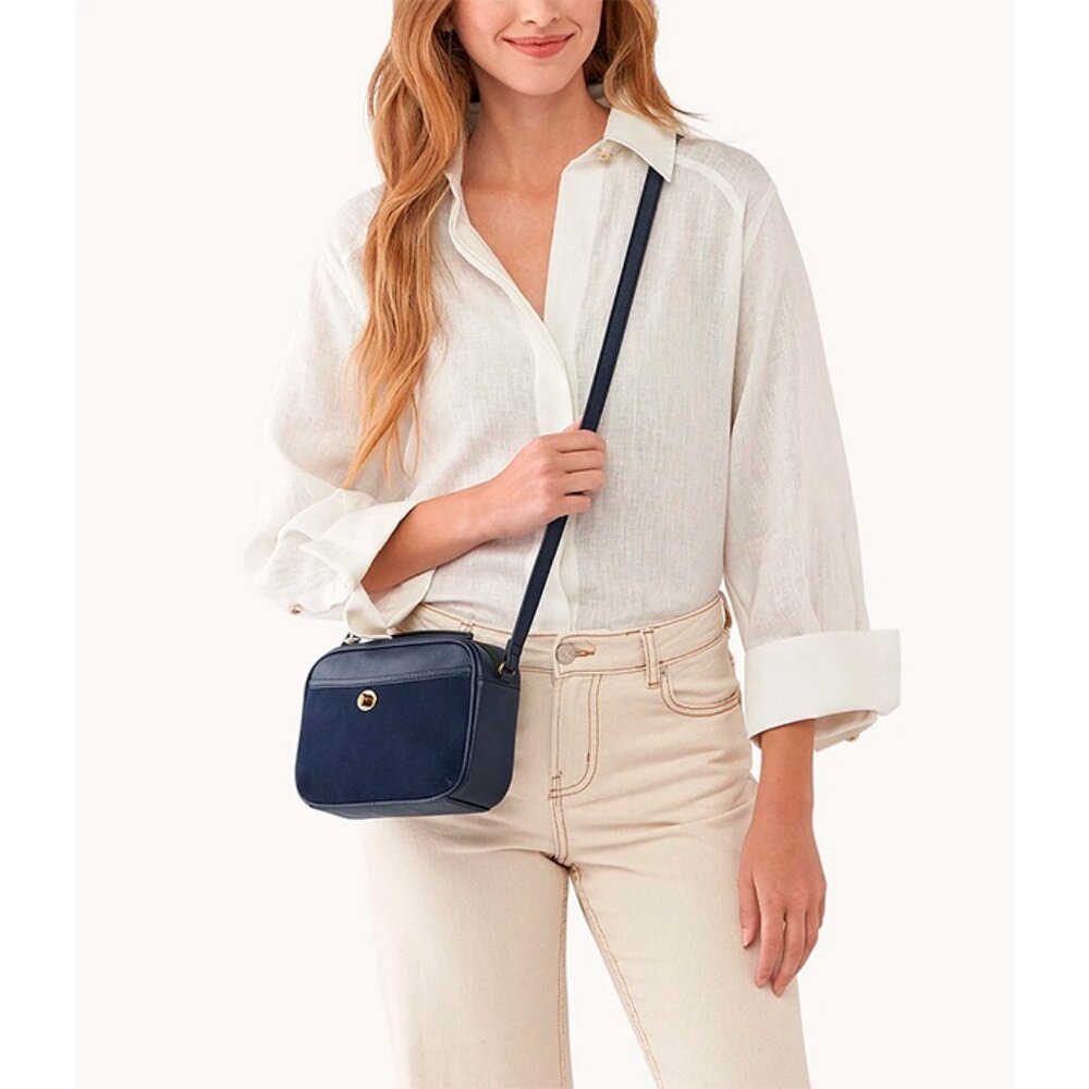 S Fossil Brennon Oval Crossbody Bag Navy Blue Leather SHB3043545 NWT $180